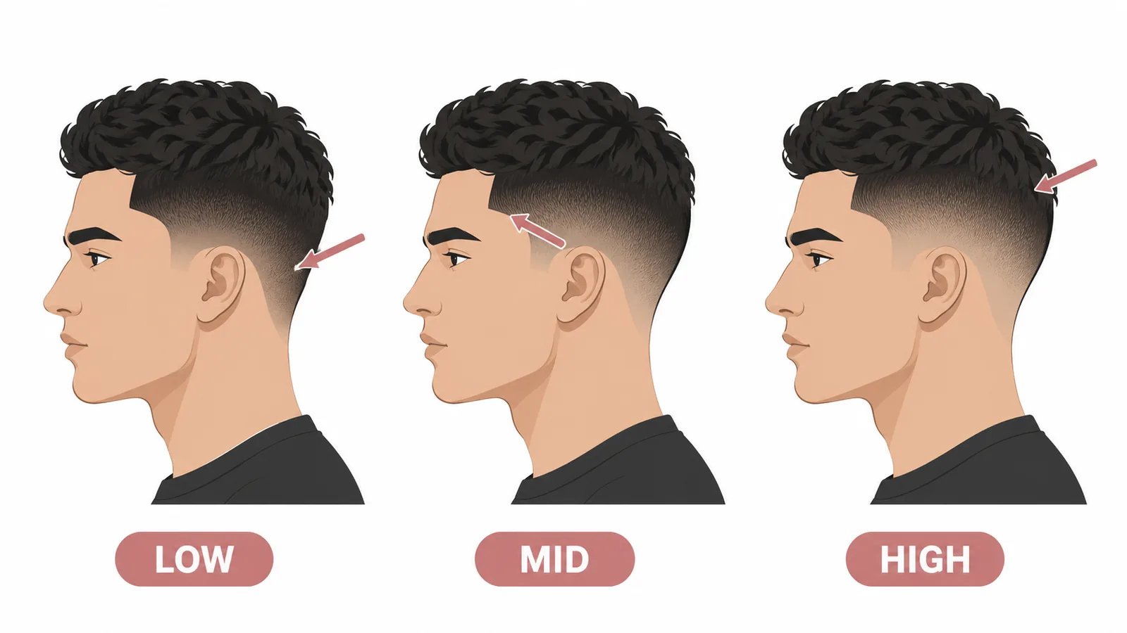 Low, mid, and high drop fade compared in side profile, showing the fade starting just above the ear for low, at the temple for mid, and near the crown for high.